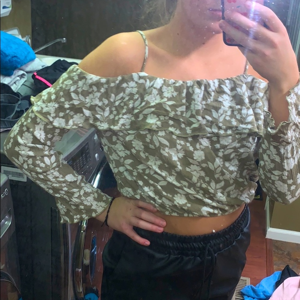 OLIVE GREEN OFF THE SHOULDERS FLORAL TOP